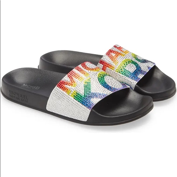 Michael Kors Shoes - Michael Kors Gilmore Pride Rainbow Crystal Slides